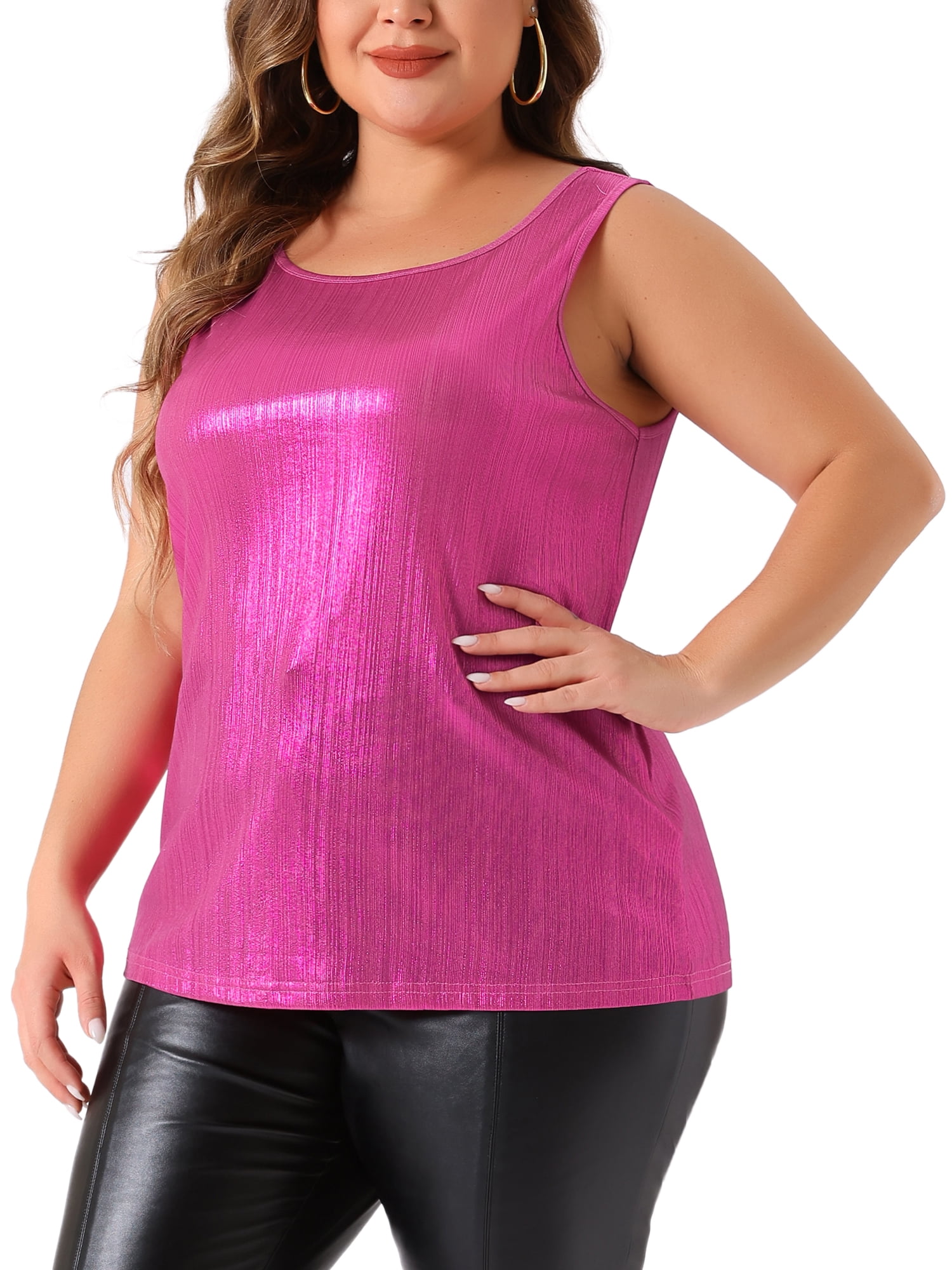 DARING DIVA Women's Plus Shiny Metallic Tank Top Sleeveless Party Blouse 3X Hot Pink
