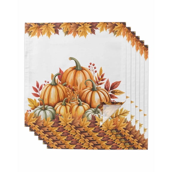 Orange Pumpkin Fall Cloth Napkins Set of 6 Reusable Dinner Napkins, Thanksgiving Maple Leaf Botanical Autumn Cocktail Napkin Washable Table Napkins for Wedding/Holiday Party/Baby Shower 20"x20"