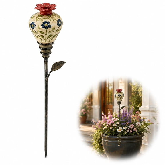 Vintage Ceramic Hummingbird Feeder Garden Stake, Easy Push-In Outdoor Bird Feeder with Ceramic Nectar Holder for Yard, Patio & Flower Beds