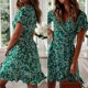 thumbnail image 4 of Women Summer Short Sleeve Floral Print A-Line Mini Dress Sexy Wrap V-Neck Pleated Ruffles Boho Beach Sundress with Belt, 4 of 4