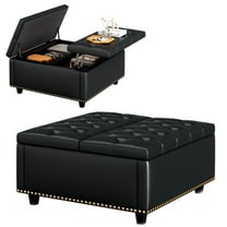 Large Square Storage Stool With Two Storage Doors, footstool for Living Room Studded Mid-Century Modern Coffee Table, Black PU Leather