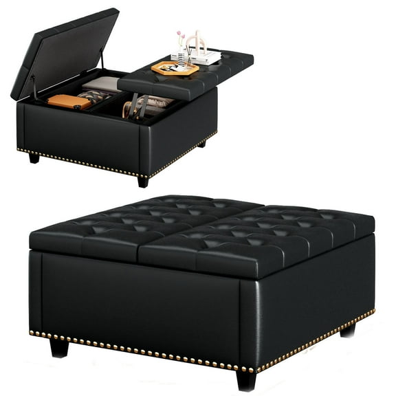 Large Square Storage Stool With Two Storage Doors, footstool for Living Room Studded Mid-Century Modern Coffee Table, Black PU Leather