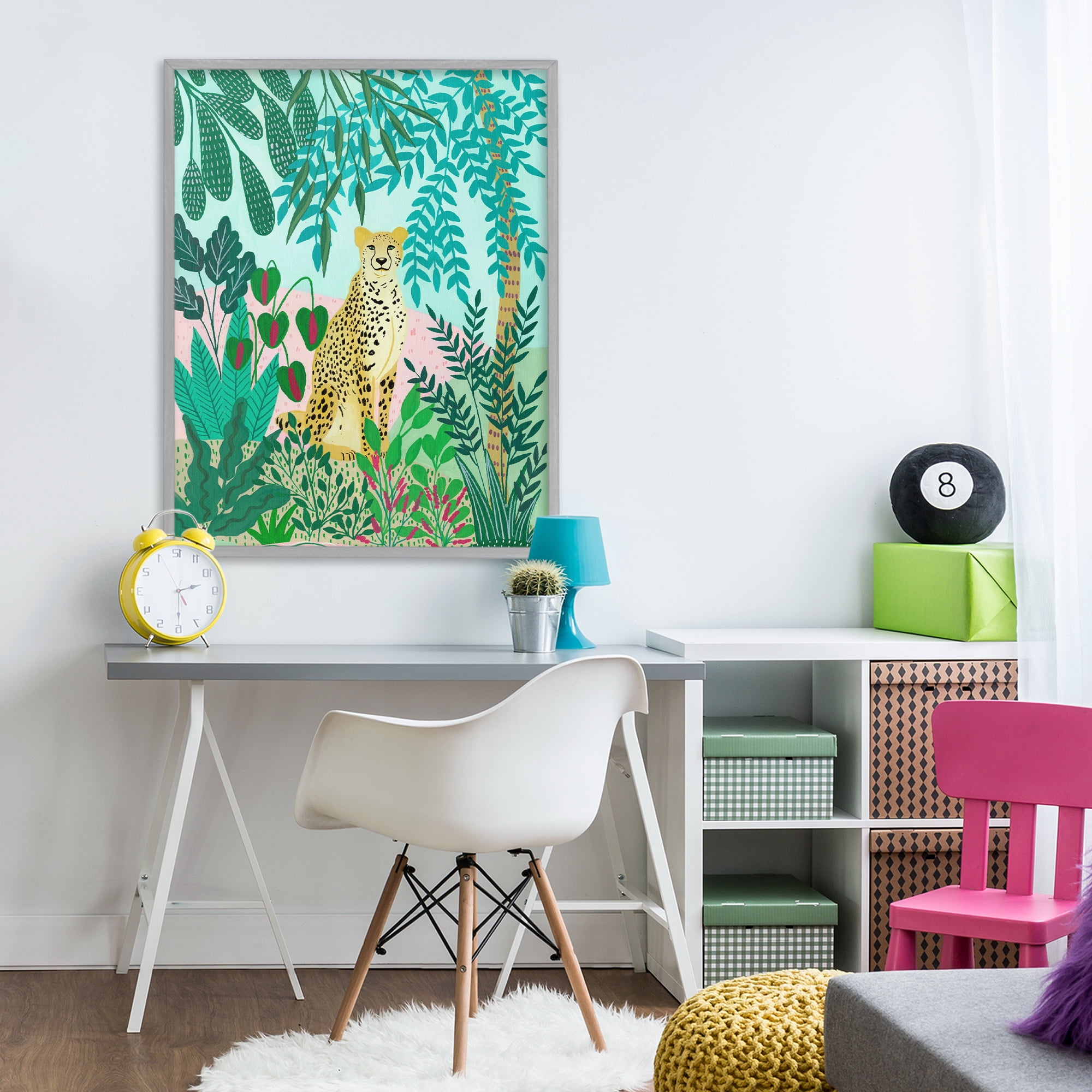 Stoic Leopard Tropical Forest Gray Framed Giclee Art, design by Nabeela Rumi