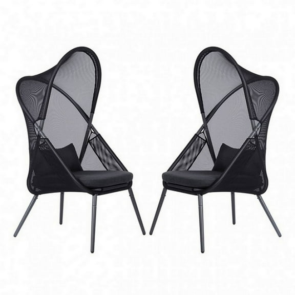 34 Inch Outdoor Foldable Chair, Set of 2, Black Fabric Seat, Steel Frame