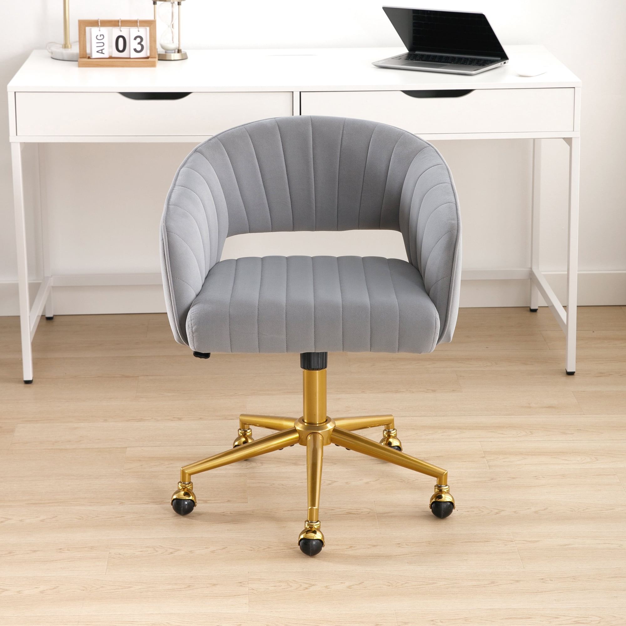 Westice Home Office Desk Chairs, Velvet Rolling Chair, Height Adjustable Swivel Vanity Chair, Ergonomic Chair for Study, Living Room Computer Room, Grey
