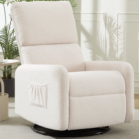 Korser 360 Swivel Glider Chair for Small Spaces, Sherpa with Side Pocket Rocking Chair for Living Room,Beige