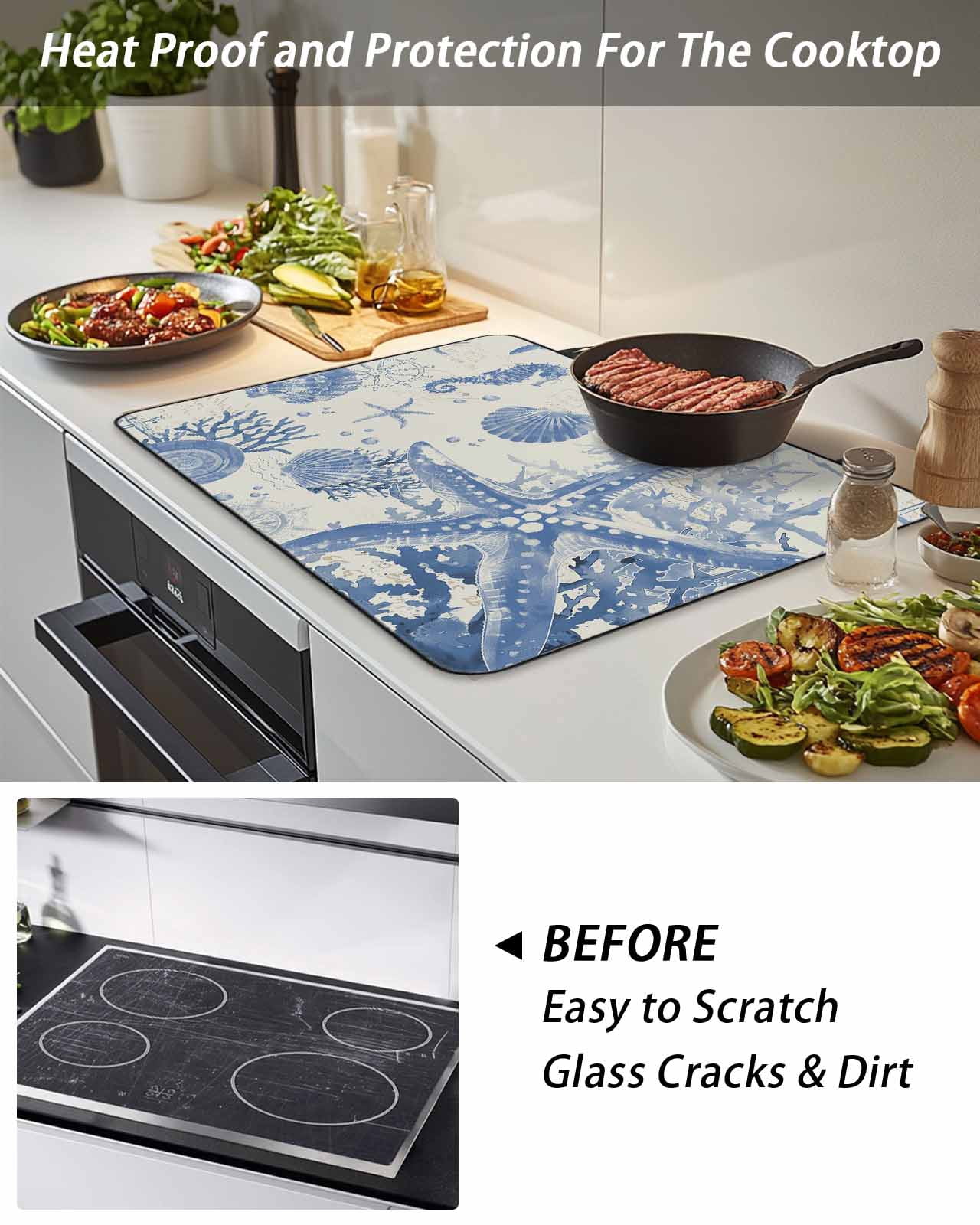 Stove Top Covers for Electric Stove, Blue Coastal Starfish Glass Stovetop Cover Protector, Beach Ocean Nautical Shells Conch Induction Cooktop Protector Oven Mat for Kitchen Countertop 36"x21"