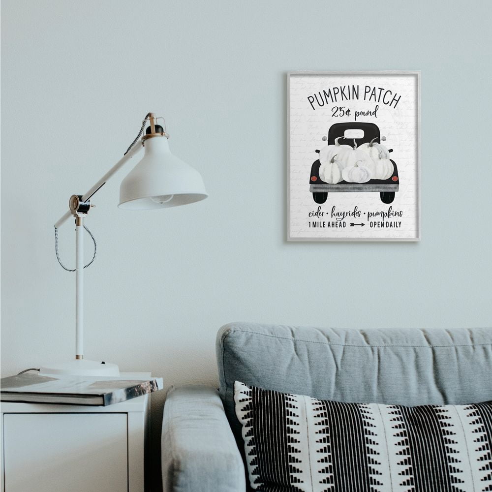 Stupell Industries Pumpkin Patch Farm Truck Sign Country Autumn Harvest Framed Wall Art Design by Lettered and Lined, 16" x 20", Gray Framed