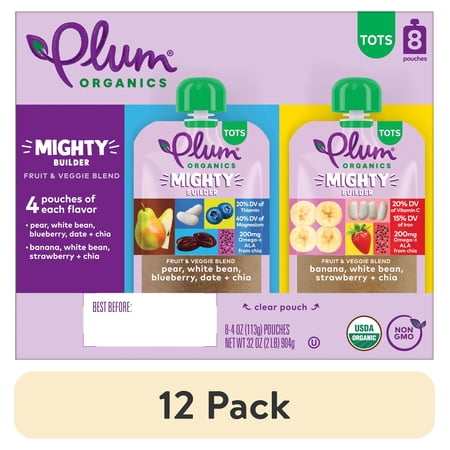 (12 pack) Plum Organics® Tots Mighty Builder Fruit & Veggie Blend Pear, White Bean, Blueberry, Date + Chia & Banana, White Bean, Strawberry + Chia 4oz Pouch-8-pack