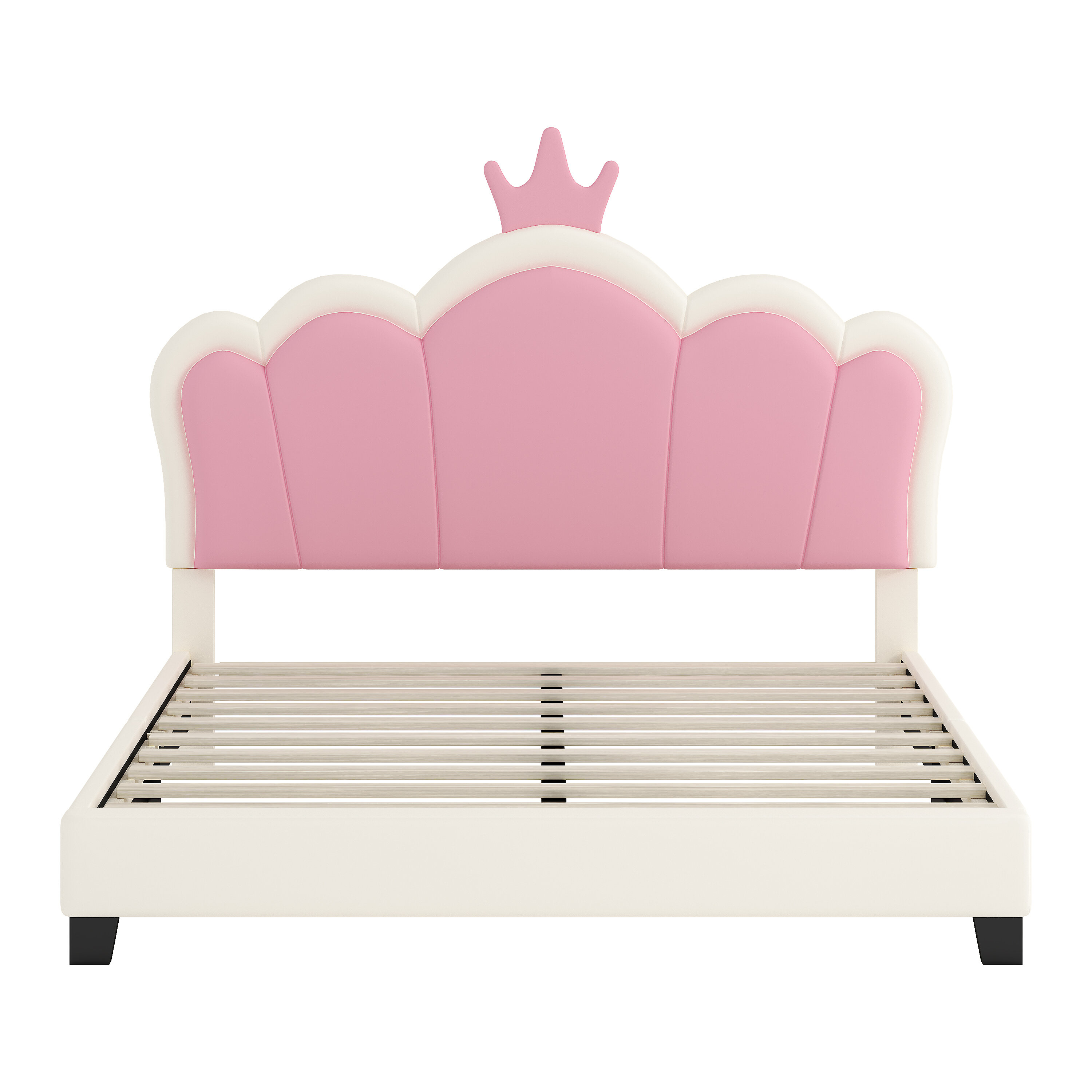 Full Size Adjustable Bed Base, Full size Upholstered Princess Bed With Crown Headboard,Full Size Platform Bed with Headboard and Footboard, Cream+Pink(Old SKU:WF303337AAK), Cream Bed Frames