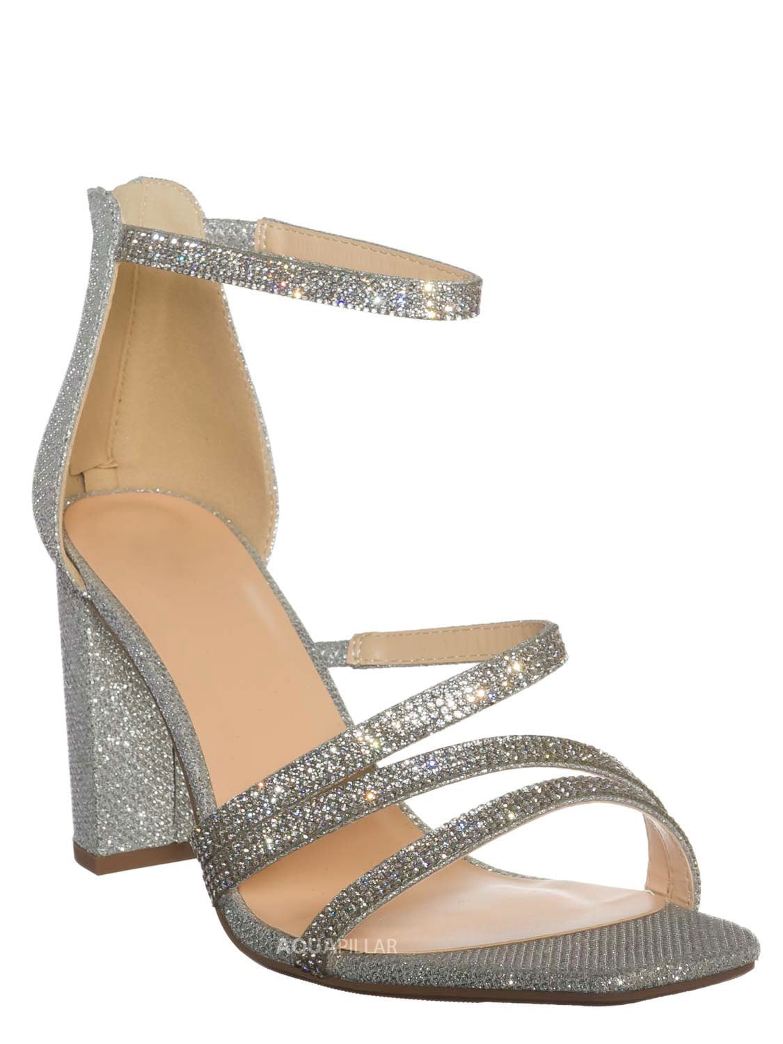 Glitter Rhinestone Block Heel Sandal - Women Evening Dress Shoes -  
