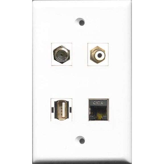 RiteAV 1 Port RCA White and 1 Port Coax Cable TV- F-Type and 1 Port USB A-A and 1 Port Shielded Cat6 Ethernet Wall Plate