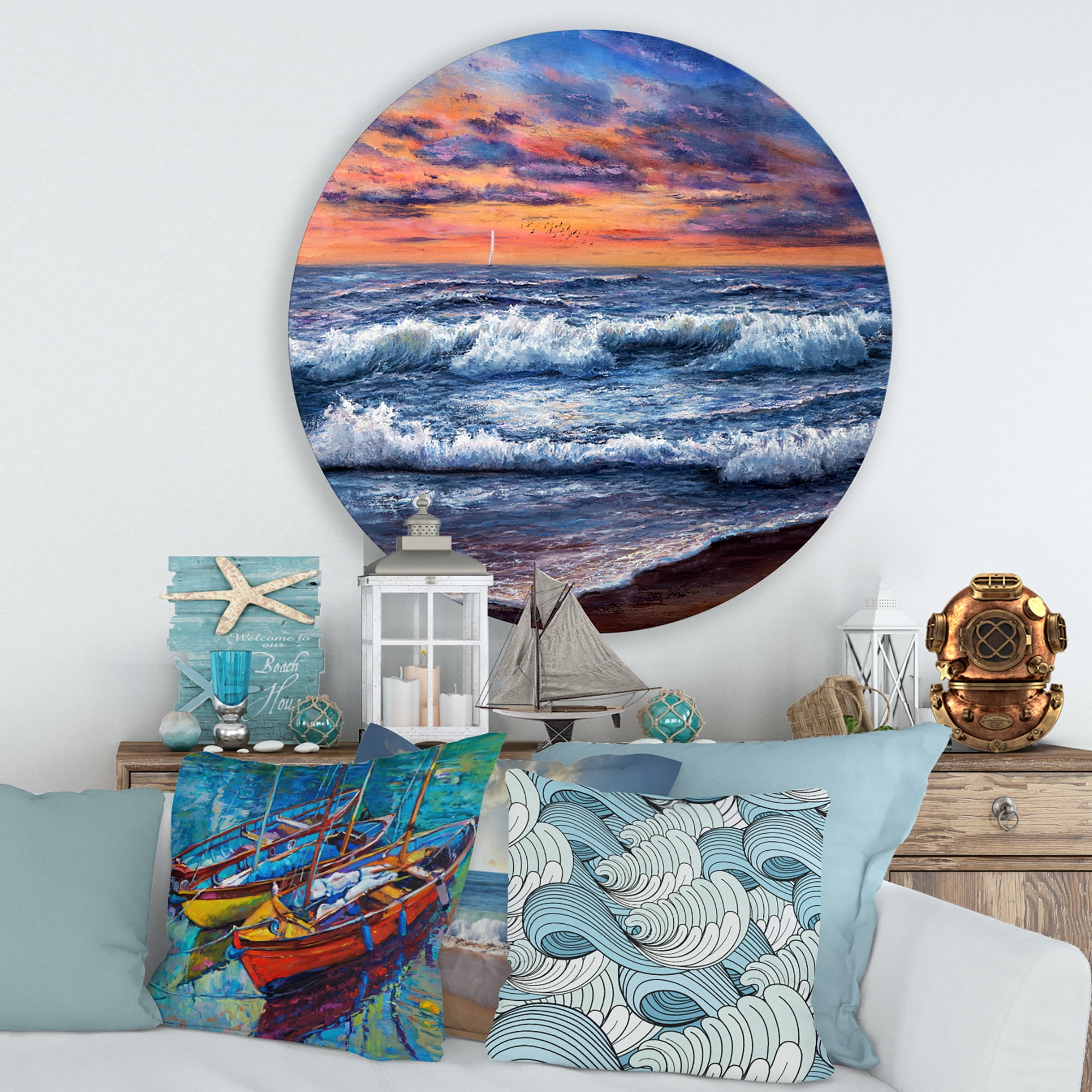 Designart 'The Blue Ocean In Sunset Evening II' Nautical & Coastal Circle Metal Wall Art 36x36 - Disc of 36