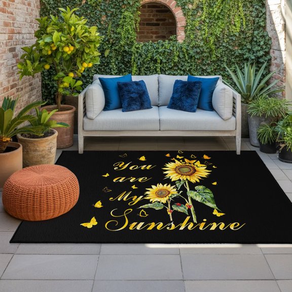 Outdoor Rug, My Sunshine Yellow Sunflower and Butterfly Indoor Area Rug Outdoor Carpet RV Camping Rugs 4x6ft Floral on Black Outside Mat for Patio Picnic Porch Deck Balcony Backyard