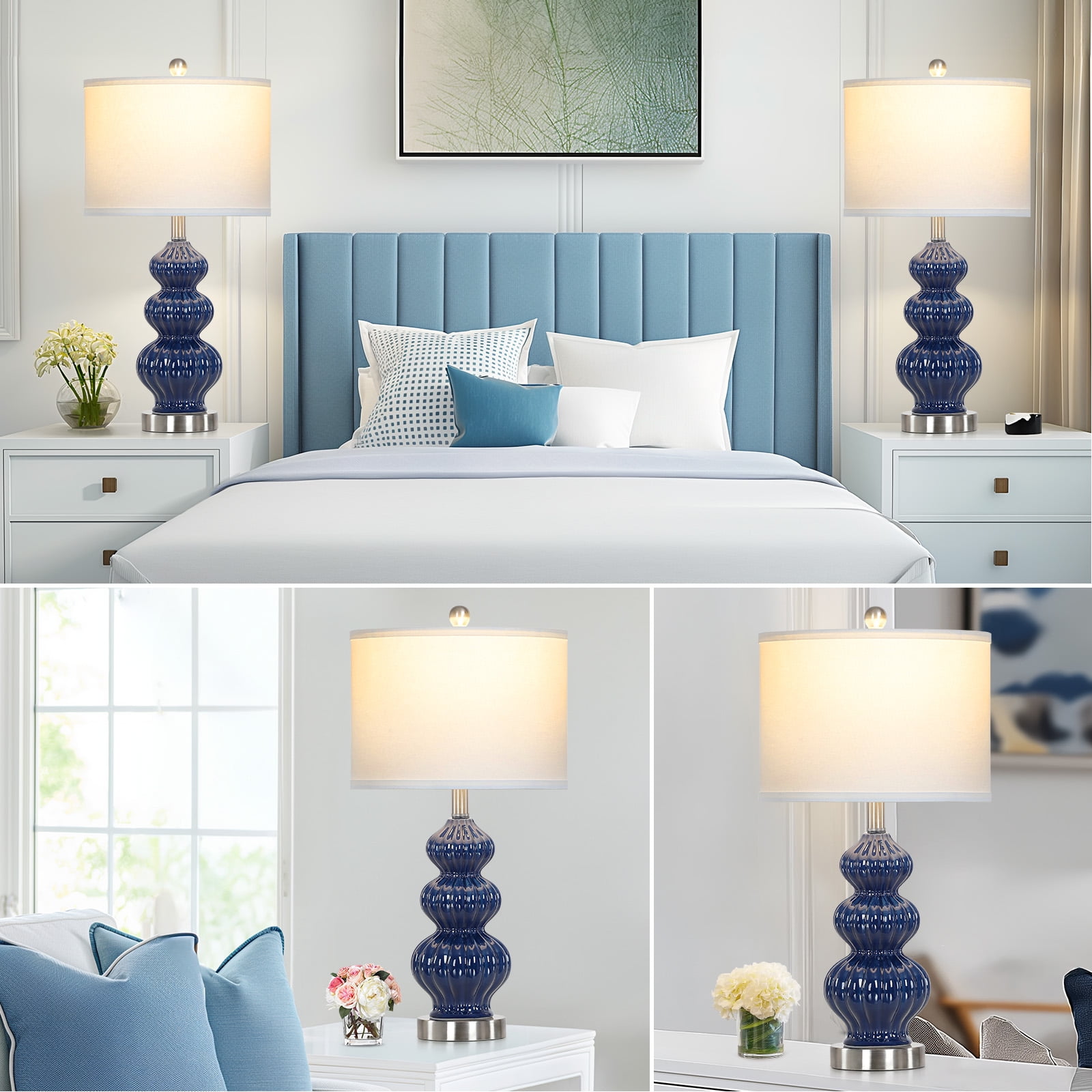 Cinkeda Triple Gourd Ceramic Table Lamps Set of 2 with USB A+C Ports & AC Outlet, Modern Blue, 2-Step Rotary Switch, 25.5" Height