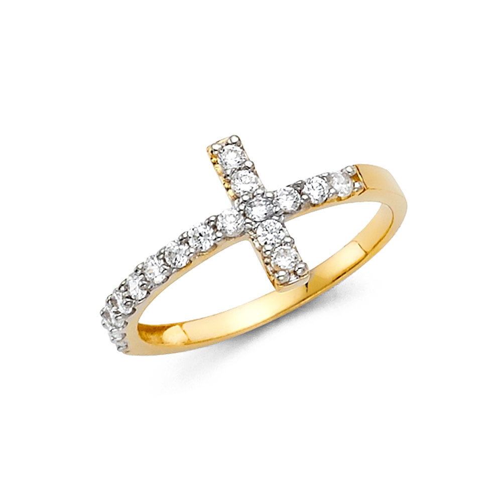 Solid 14k Yellow Gold Cross Ring CZ Band Religious Stylish Pave Polished Fancy 