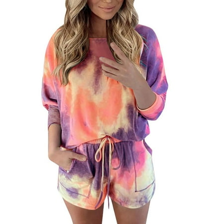 

TANGNADE Pajamas For Women Womens Tie-dye Long Sleeve Pajama Set Night Lounge Top Short Sleepwear (Hot Pink)