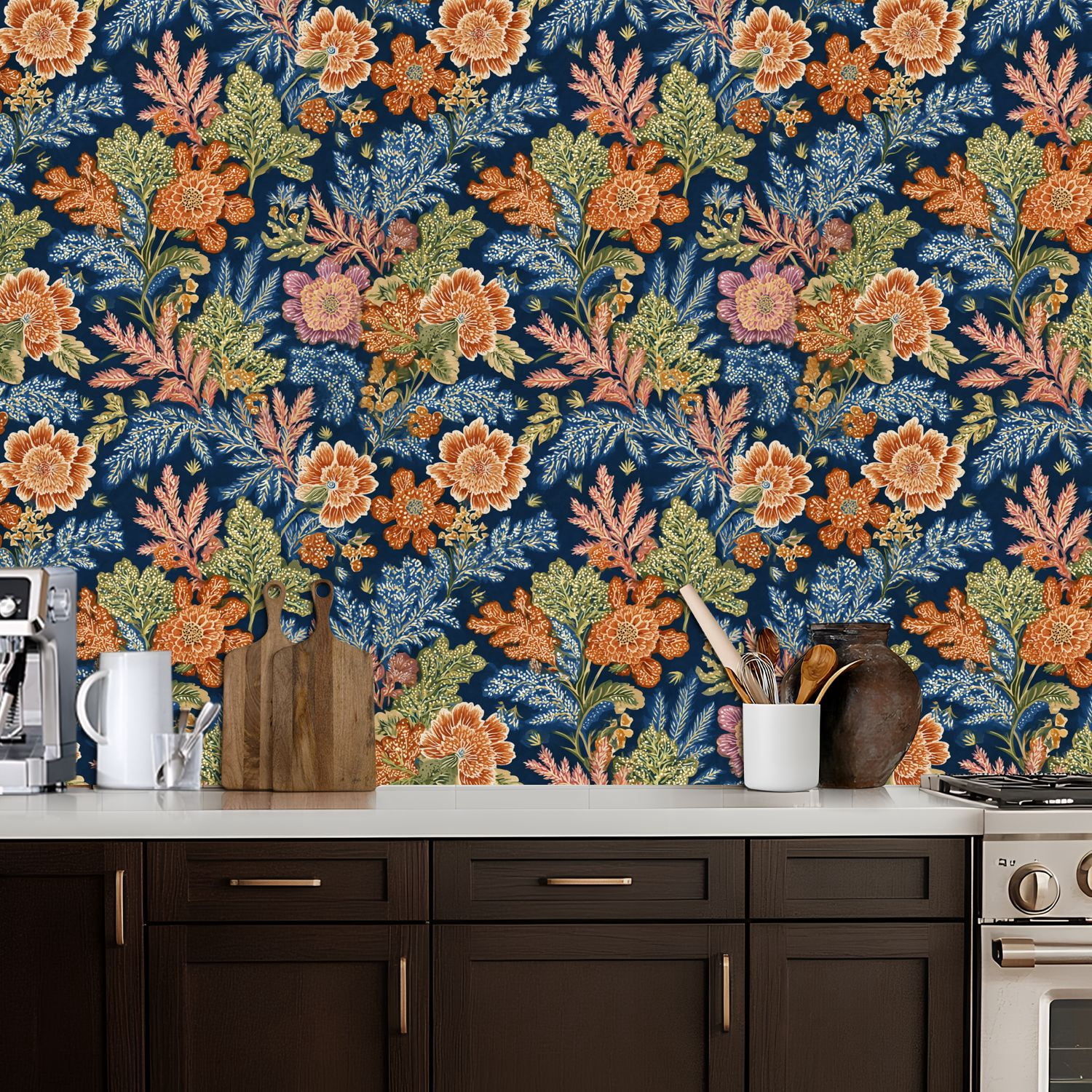 Vintage Peel and Stick Wallpaper Floral Orange Pink Flowers Dark Blue Wall Mural 17.7in x 9.8ft Self Adhesive Removable Wall Paper Renter Friendly Wallpaper for Nursery Bedroom Cabinets