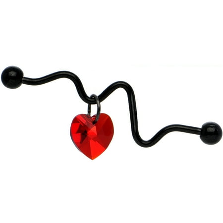 Body Candy Black Anodized Red Heartbeat Industrial Barbell Created with Swarovski Crystals 14 Gauge 38mm