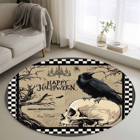 Round Rugs 3Ft Happy Halloween Round Area Rug Washable Indoor Throw Carpet Horrible Skull Head Black Crow Check Small Non Slip Circle Rug for Bedroom Living Room Home Decor Aesthetic
