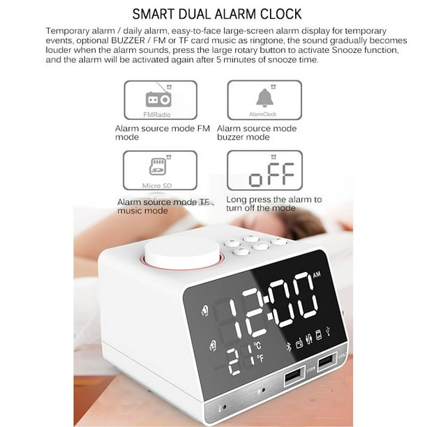 K11 Bluetooth Radio Alarm Clock Speaker With USB Ports LED