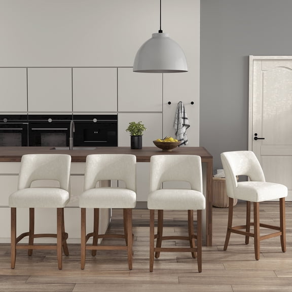 VKNOW Bar Stools Set of 4, 26" Upholstered Counter Height Bar Stools, Modern Counter Stools with Wood Legs for Kitchen Island Dining Room Bar,White