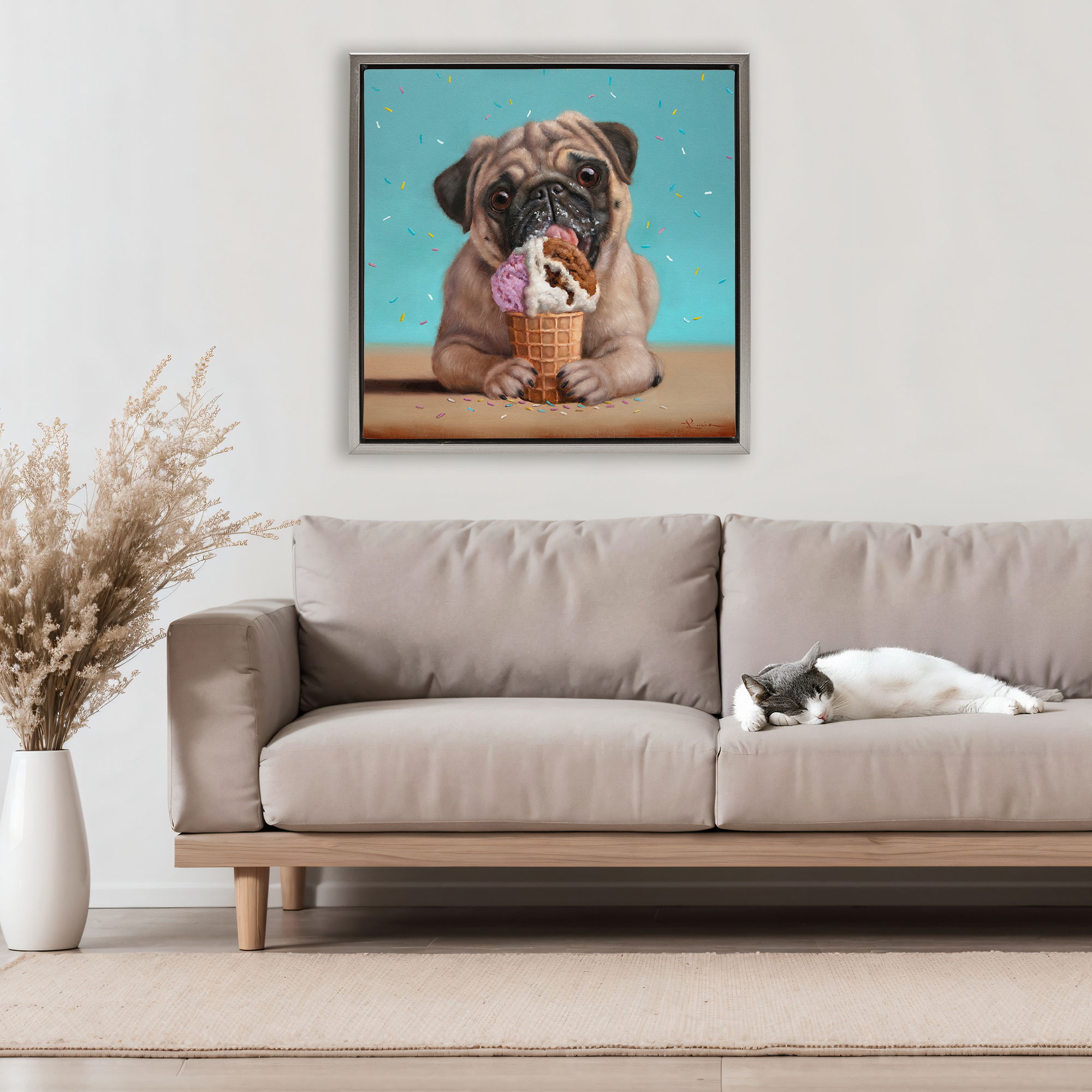 Neapawlitan Ice Cream & Dog Gray Framed Floater Canvas Wall Art, design by Lucia Heffernan