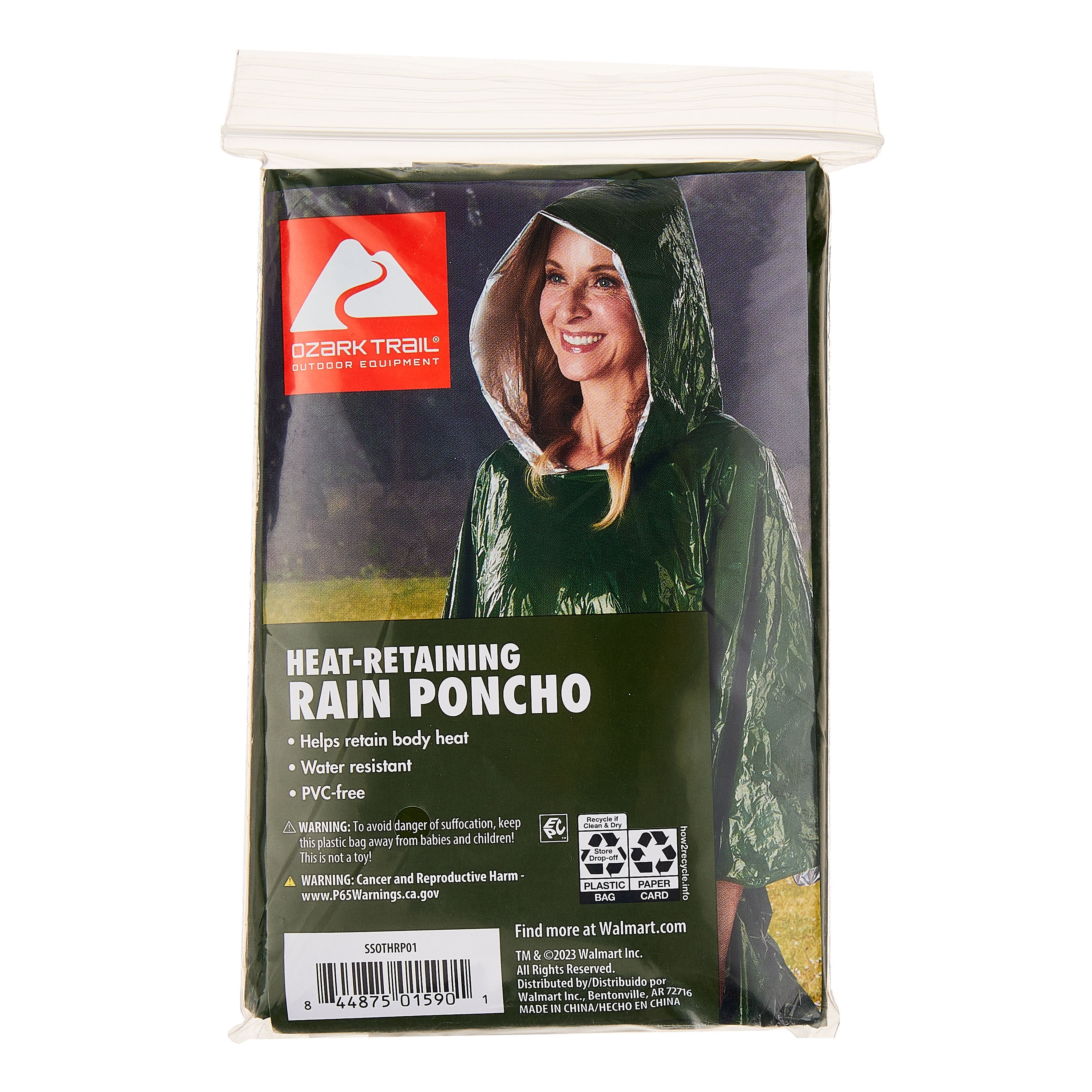 (2 pack) Ozark Trail Adult Heat-Retaining Poncho with Hood, Water-Resistant, Unisex