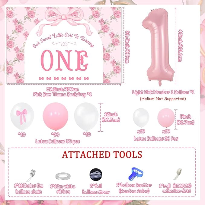 72PCS Pink Bow Princess 1st Birthday Decoration - Bow Garland Arch Kit Our Sweet Little Girl Is Turning One Backdrop Pink Bow Number 1 Foil Balloon for Baby Princess Girl 1st Birthday Party Supplies