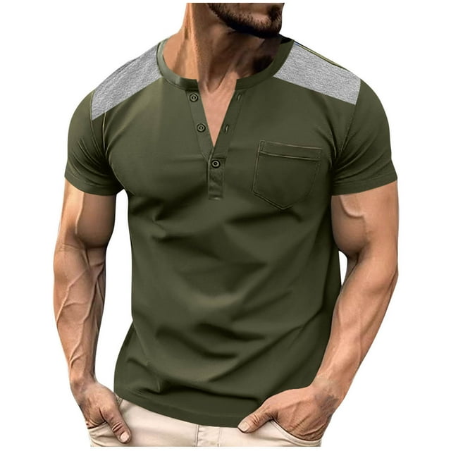 Mens Casual de Manga Corta Botón Abajo Camisas Color Coincidencia Moda Cuello Redondo Botón Superior, Poliéster