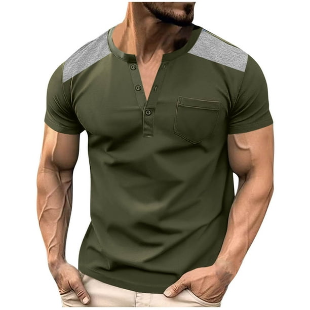 Mens Casual de Manga Corta Botón Abajo Camisas Color Coincidencia Moda Cuello Redondo Botón Superior, Poliéster