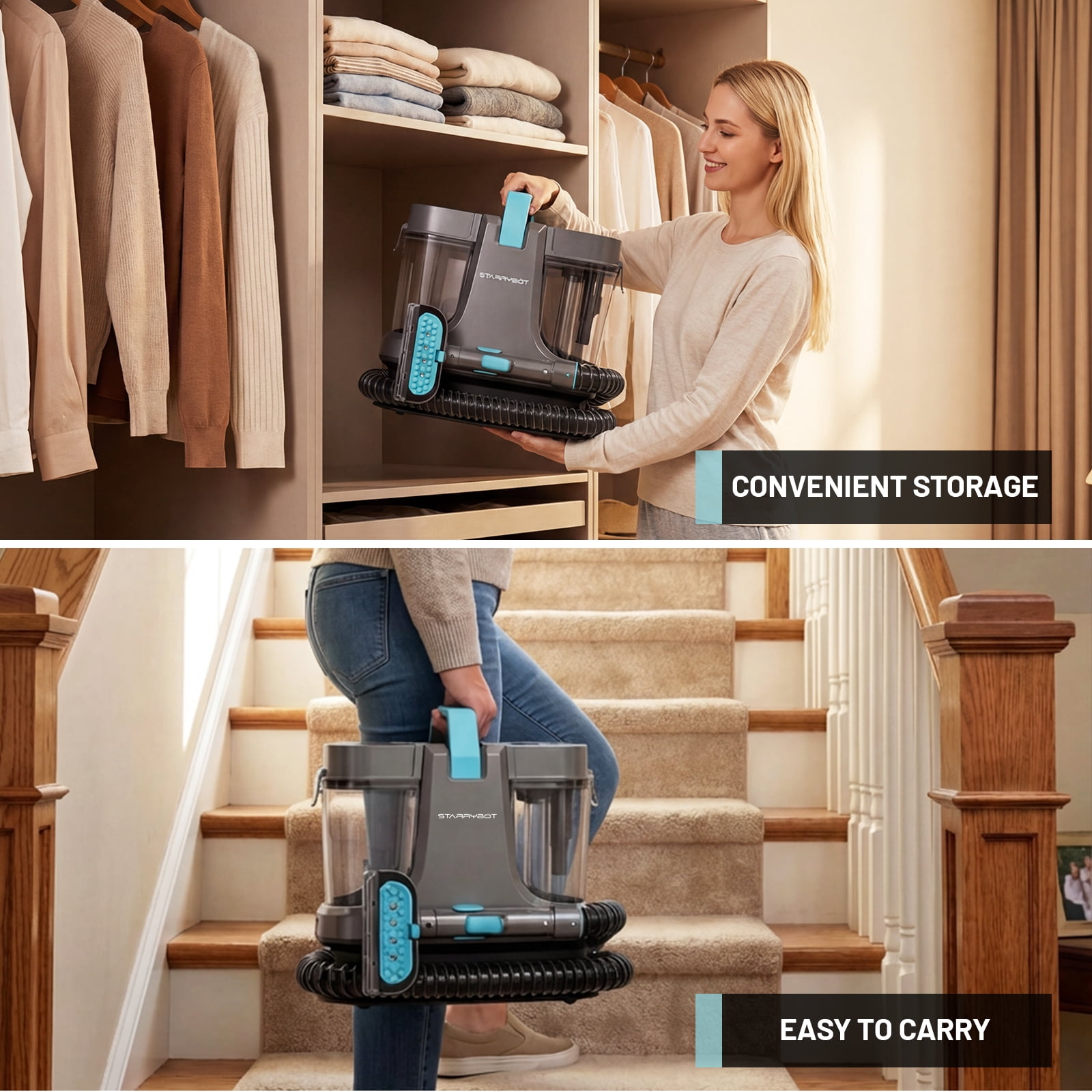 Starrybot Portable Carpet Cleaner Machine with Steam and Heating Techology,18Kpa Powerful Suction with Versatile Tools for Pets, Couch,Spot Cleaner for Stairs/Furniture/Rug