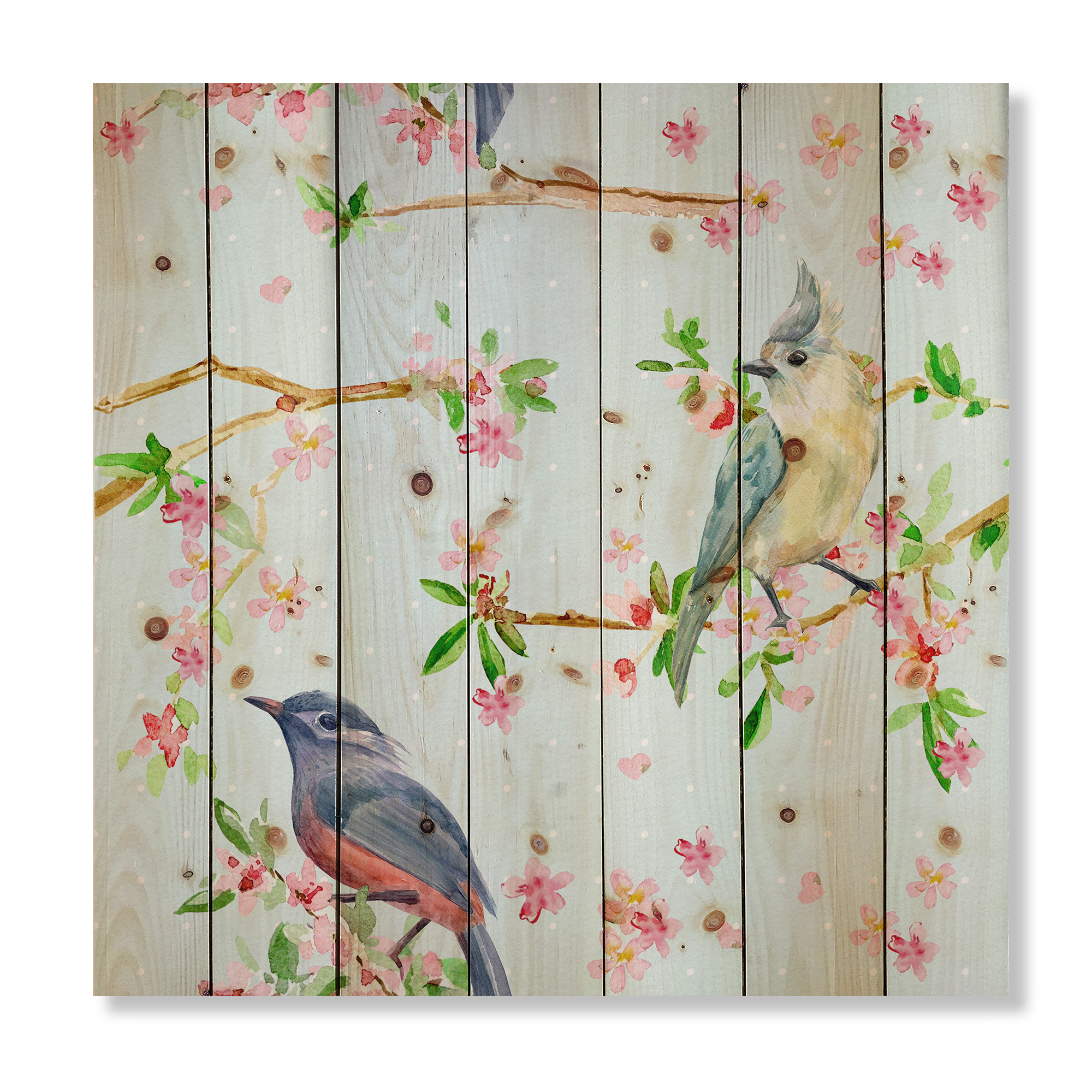 Designart 'Birds and Flowers Pattern In Blue' Traditional Print on Natural Pine Wood