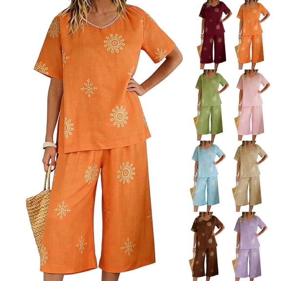 XUNKUSGA Two Piece Sets for Women Fashion Loose Boho Floral Cotton Linen Sleepwear Sets Short Sleeve Shirt and Capri Pants Womens Outfit Sets with Pockets S-2XL,Orange