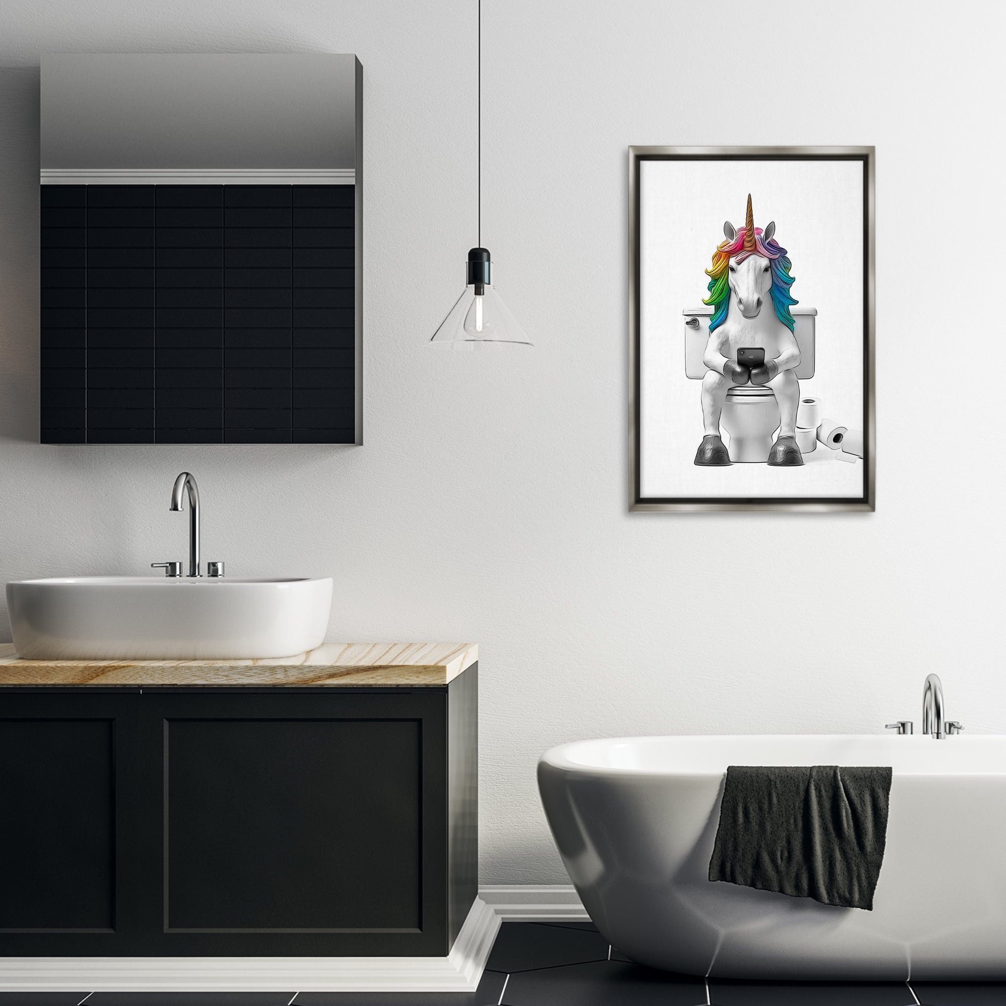 Stupell Industries Unicorn Texting on Toilet Typography Painting Gray Floater Framed Canvas Art Print Wall Art, 21 x 31