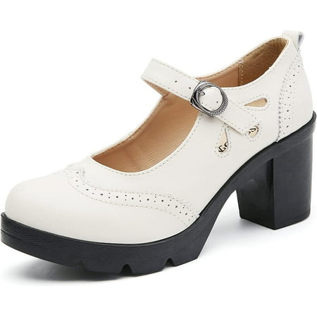 

Women s Leather Classic Mary Jane Ankle Strap Round Toe Mid Heel Platform Pumps Oxfords Dress Shoes