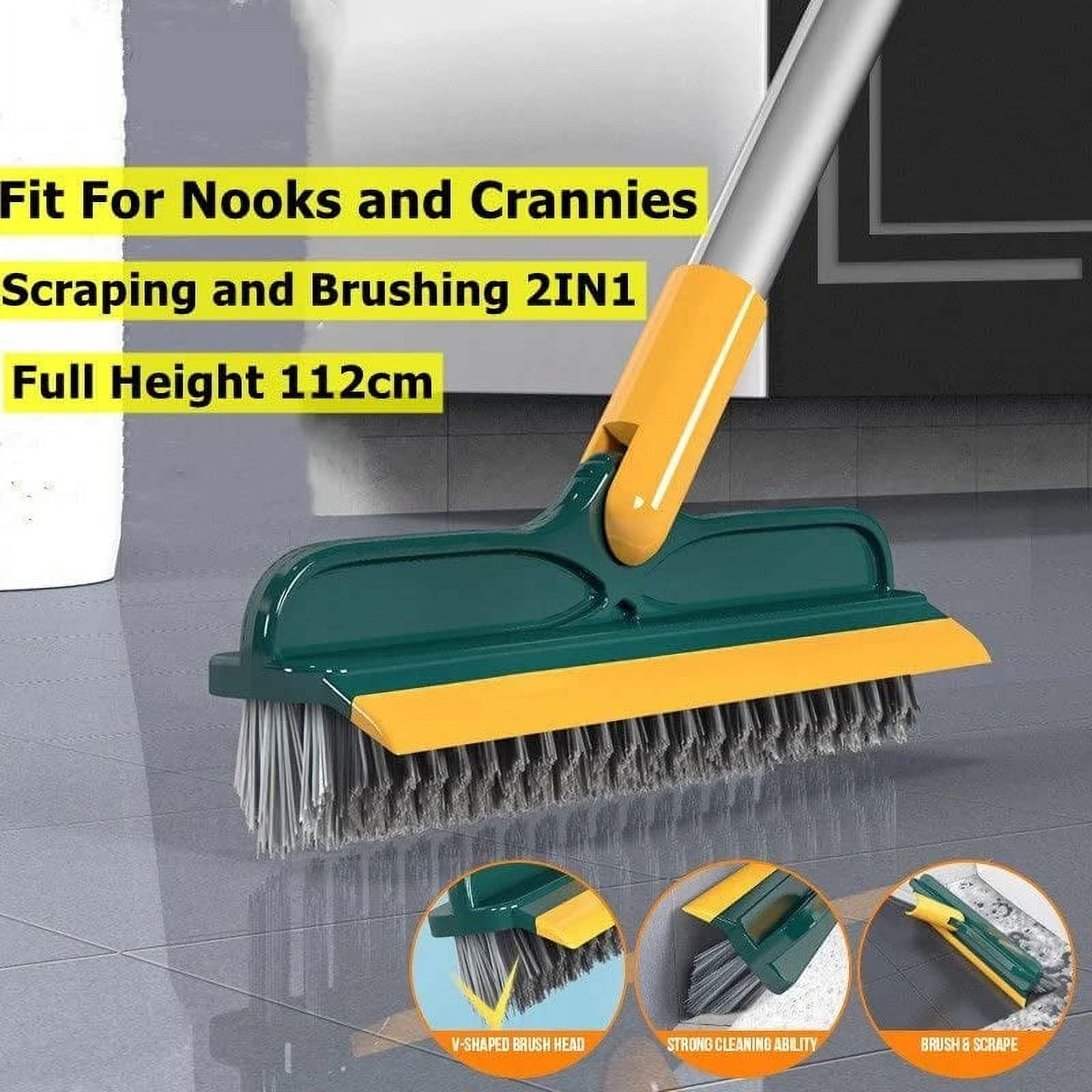  3 in 1 Floor Scrub Brush with Squeegee, Floor Brush Scrubber  with Long Handle, Bathroom Kitchen Crevice Cleaning Brush with Squeegee,  120° Triangular Rotating Brush Head for Cleaning Wall Deck Tile 