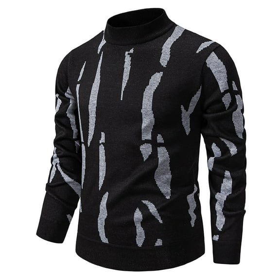 ibuvkizy Mens Sweater!Men's Fall and Winter British Semi High Neck Plus Thick Velvet Knitted Sweater Printed Sweater Base Sweater Black,XXXXL