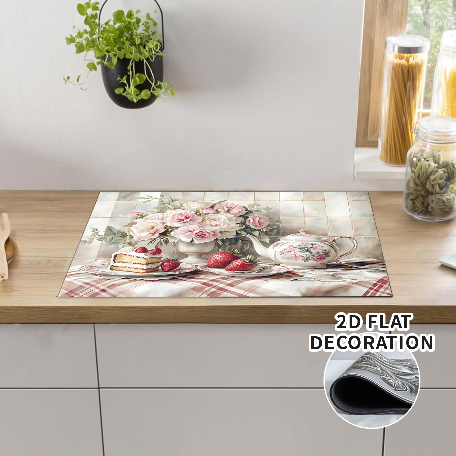 Kitchen Stove Top Cover Retro Floral & Strawberry  Design Gas Stove Top Cover for Home Decoration Kitchen Pad Non-Stick Washable Cooktop Covers Countertop Protector Keep Stove Clean Mat