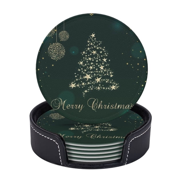 Posavasos de cuero de 6 piezas, posavasos de copos de nieve con diseño de árbol de Navidad de oro verde para bebidas, posavasos para tazas, regalo de inauguración de la casa, ideal para la decoración