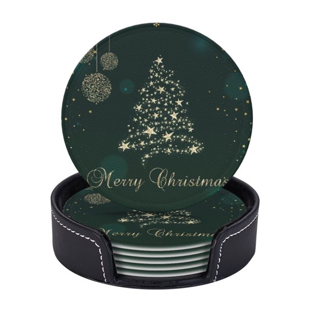 Posavasos de cuero de 6 piezas, posavasos de copos de nieve con diseño de árbol de Navidad de oro verde para bebidas, posavasos para tazas, regalo de inauguración de la casa, ideal para la decoración