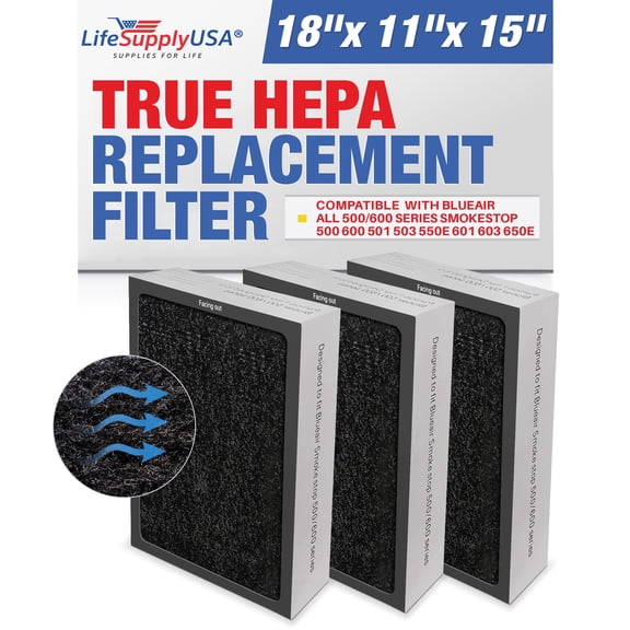 LifeSupplyUSA True HEPA SmokeStop Filter Replacement Compatible with Blueair All 500/600 Series Purifiers 501, 503, 505, 510, 550E, 555EB, 601, 603, 605, 650E Air Purifier (3-Pack)