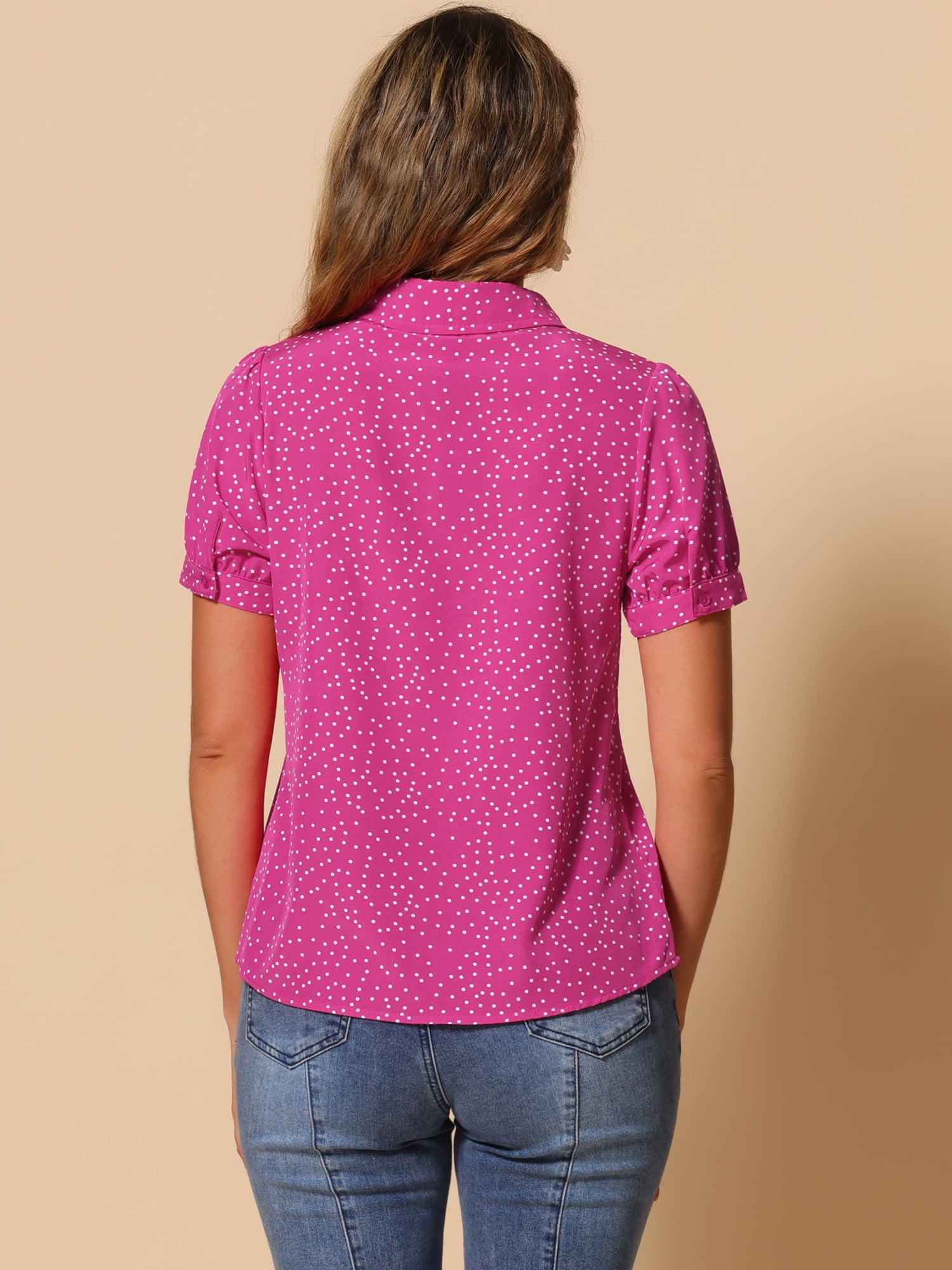 DARING DIVA Women's Polka Dots Tie Bow Chiffon Blouse M Hot Pink