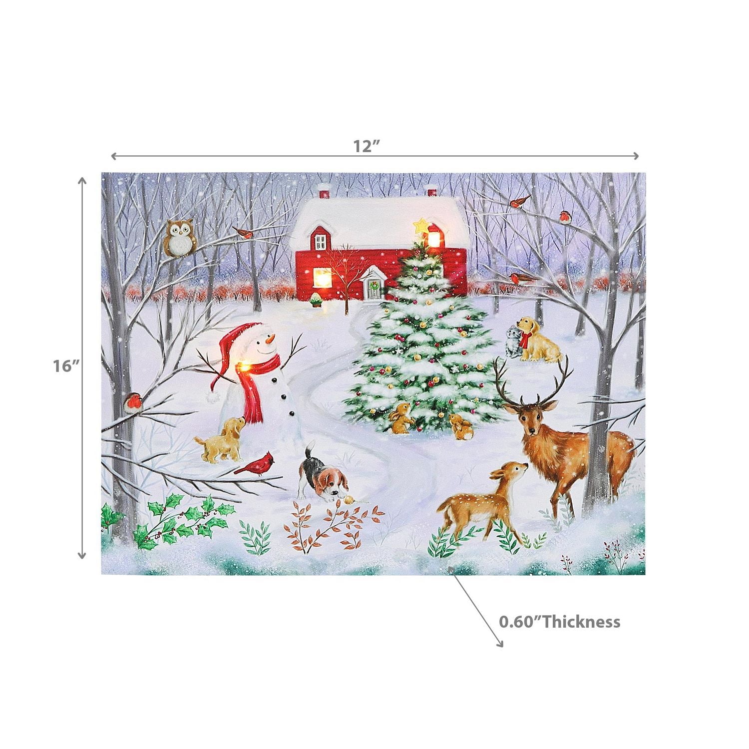 Christmas Led Canvas Wall Art Snowman With Animals 12X16