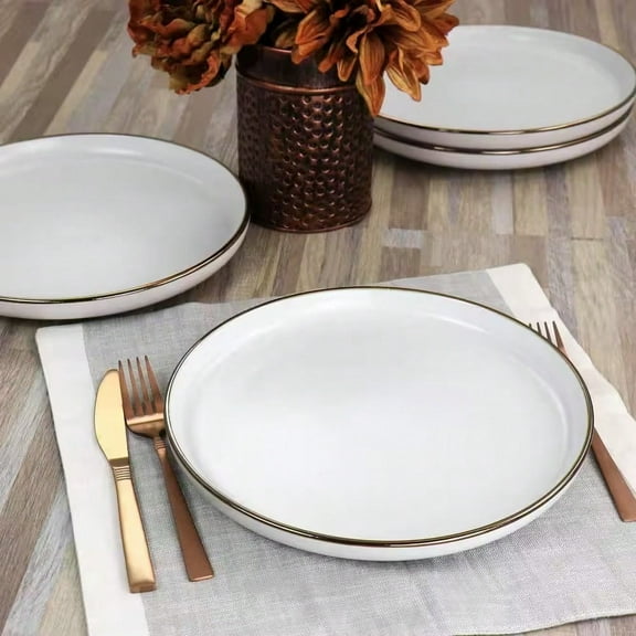 6 stone tool dinner plates in matte white and gold edge - perfect Christmas gift for family and friends gatherings