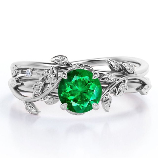 JeenMata Anillo de Bodas Solitario con Hoja y Enredadera Esmeralda Creada en Laboratorio de Talla Redonda de 0,5 TCW, Baño de Oro Blanco de 18 K sobre Plata