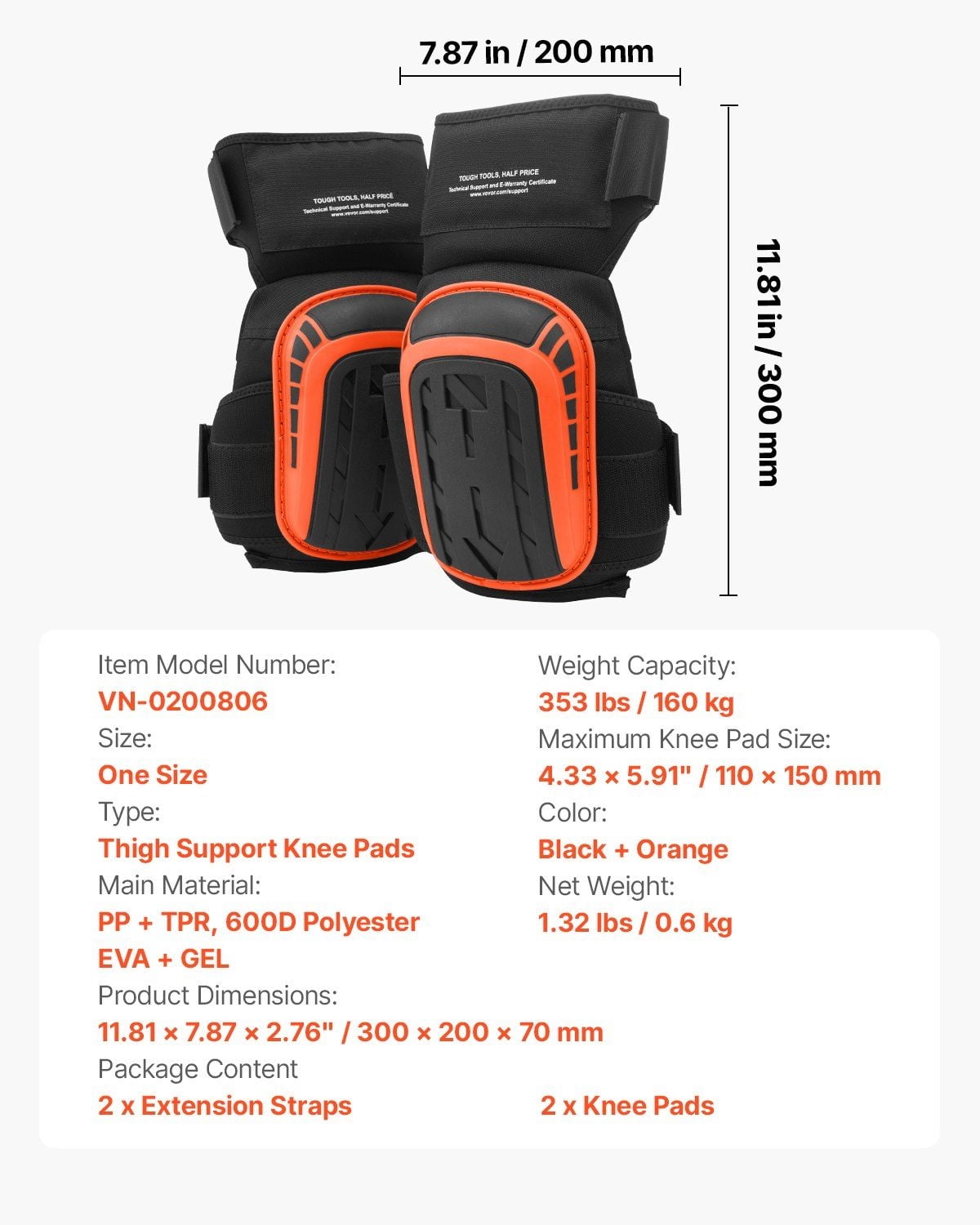 Heavy Duty Knee Pads for Construction Work, Anti-Slip Gel Cushion with 2 Extension Straps, Durable for Roofing Flooring Gardening Cleaning, Men & Women, Black/Orange