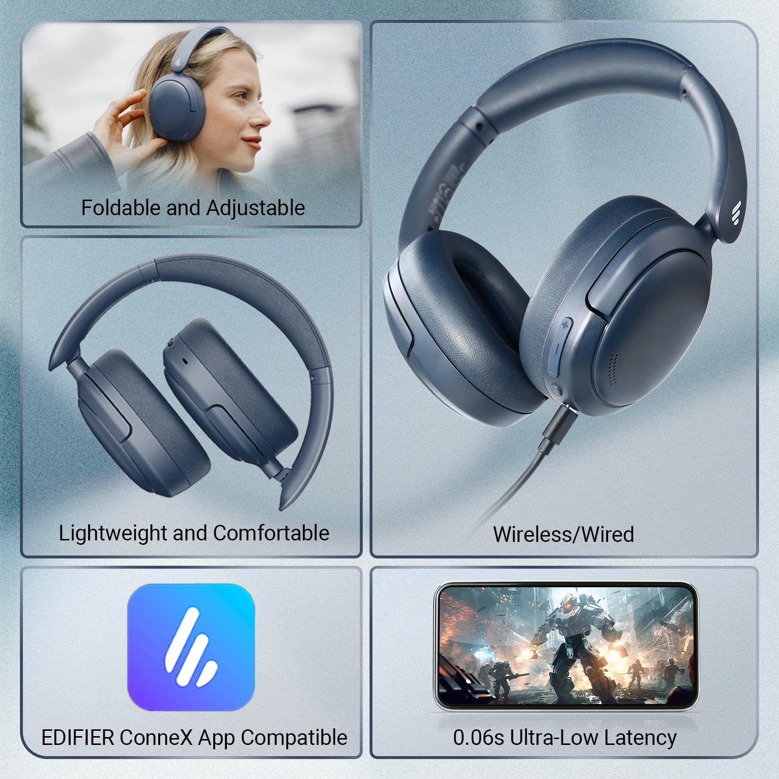 Edifier V80 Hybrid Active Noise Cancelling Headphones, True Wireless Over Ear Bluetooth Headset with 45H Playtime/Hi-Res Audio/Fast Charging/Multipoint Connection for Travel Home Office - Navy Blue