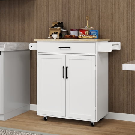 Rolling Kitchen Island Trolley With Storage Drawer Doors Adjustable Shelves Towel & Seasoning - White Trait Cart 1 2 Storage Areas Property