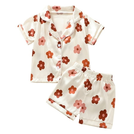 

Musuos Little Girls Floral Silk Sleepwear Lapel Button Down Shirt Tops Elastic Shorts